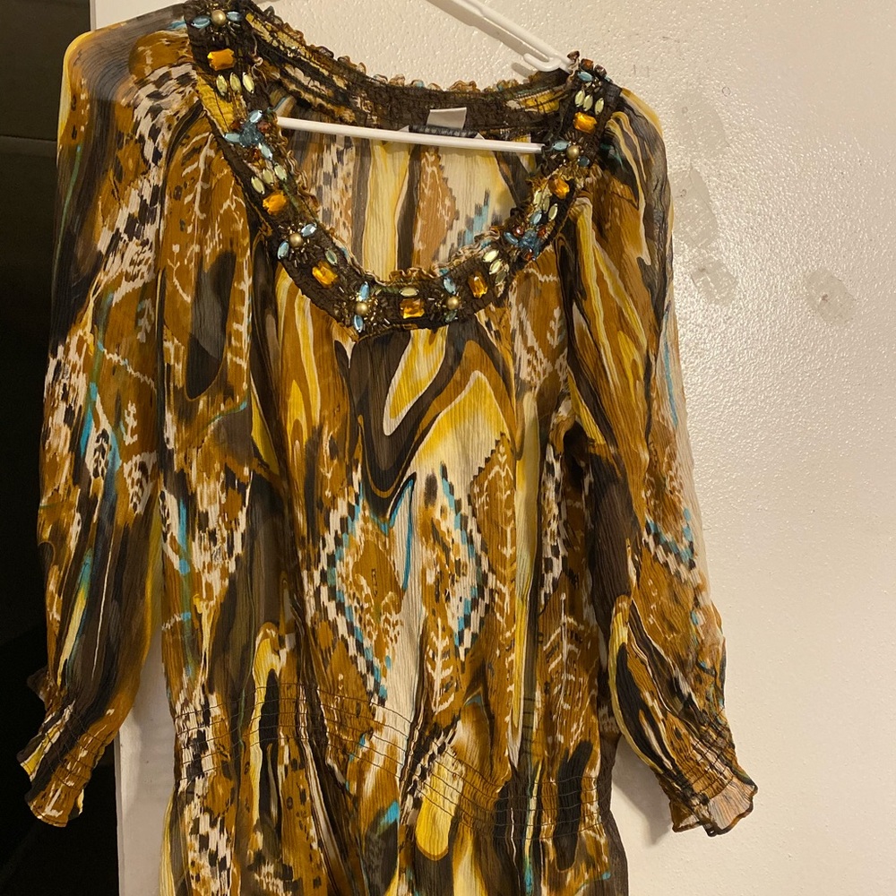 Brown multi colored top with rhinestones